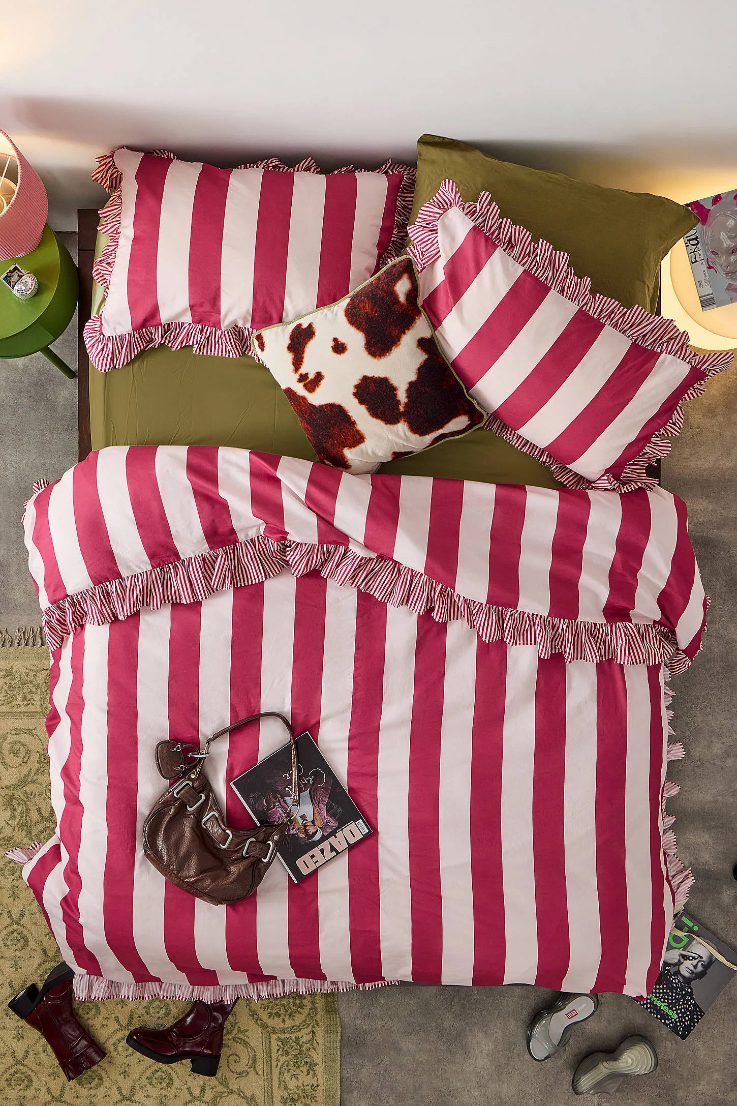 Red Stripe Ruffle Duvet Set