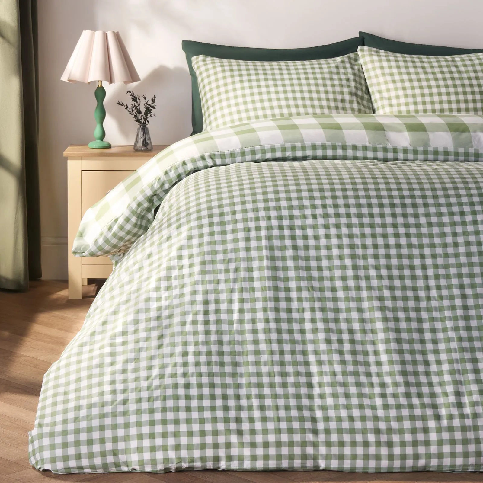 OHS Gingham Reversible Bedding Set Duvet Cover with Pillowcase in Light Green