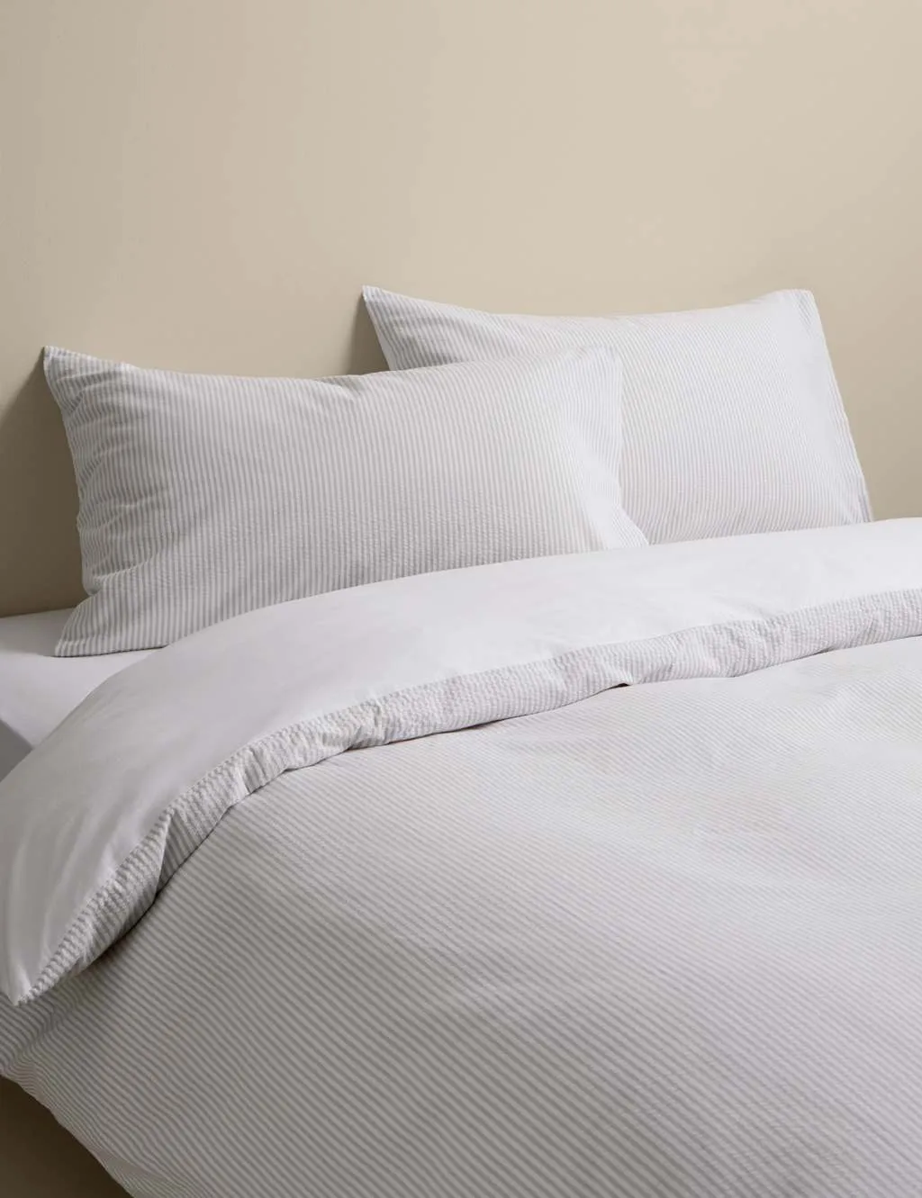 M&S Pure Cotton Striped Seersucker Bedding Set Light Grey Mix