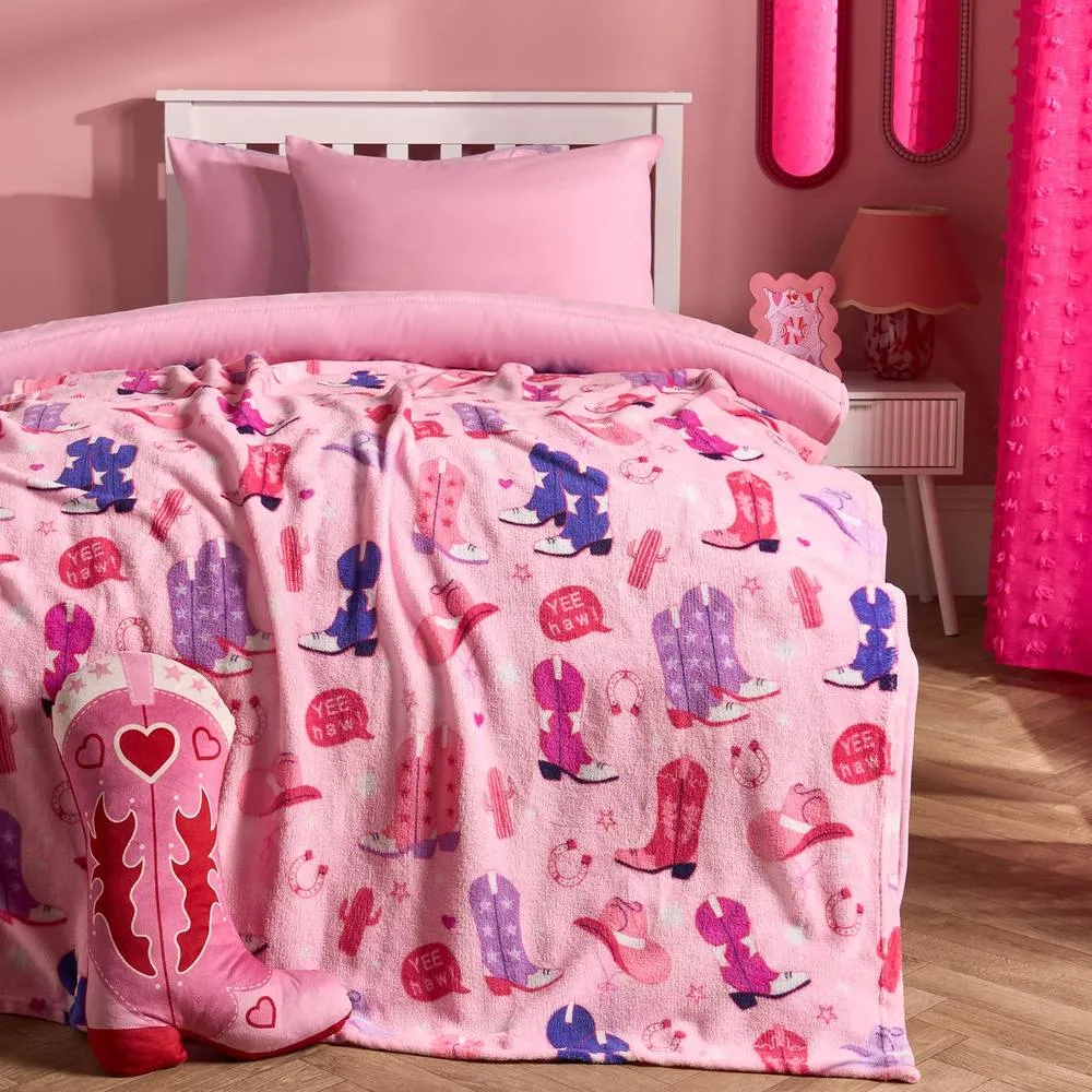 OHS Cowboy Print Flannel Fleece Throw Blanket Soft Bedspread in Pink