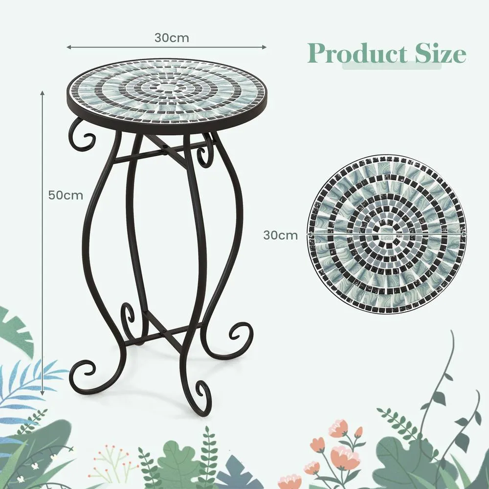 Costway Mosaic Outdoor Side Table Round End Table with Tile Tabletop in Black 2