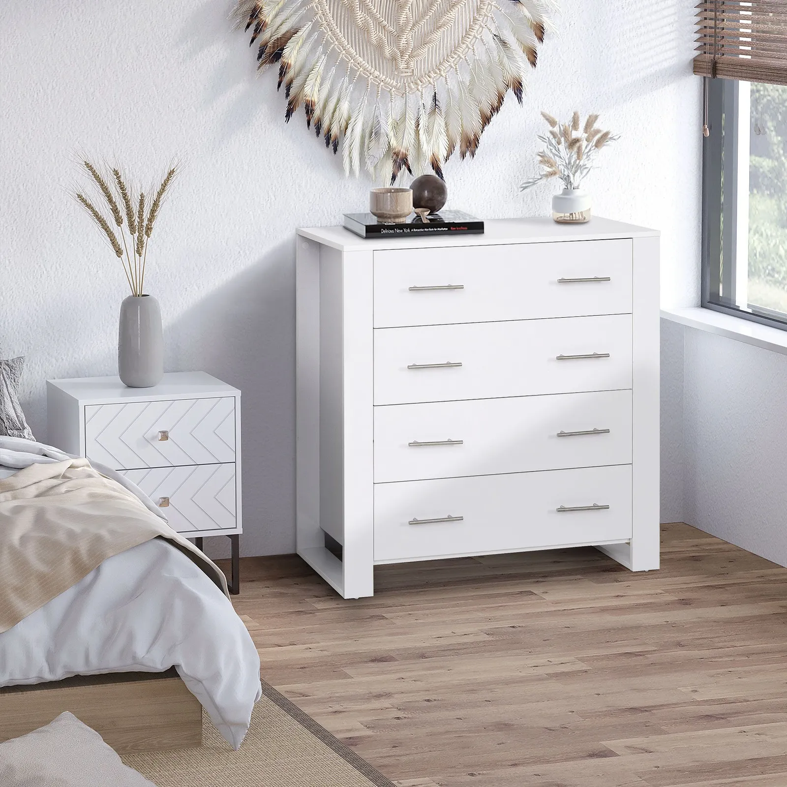 HOMCOM Chest Of 4 Drawers Home Storage Clothes Cabinet Metal Handles Base in White