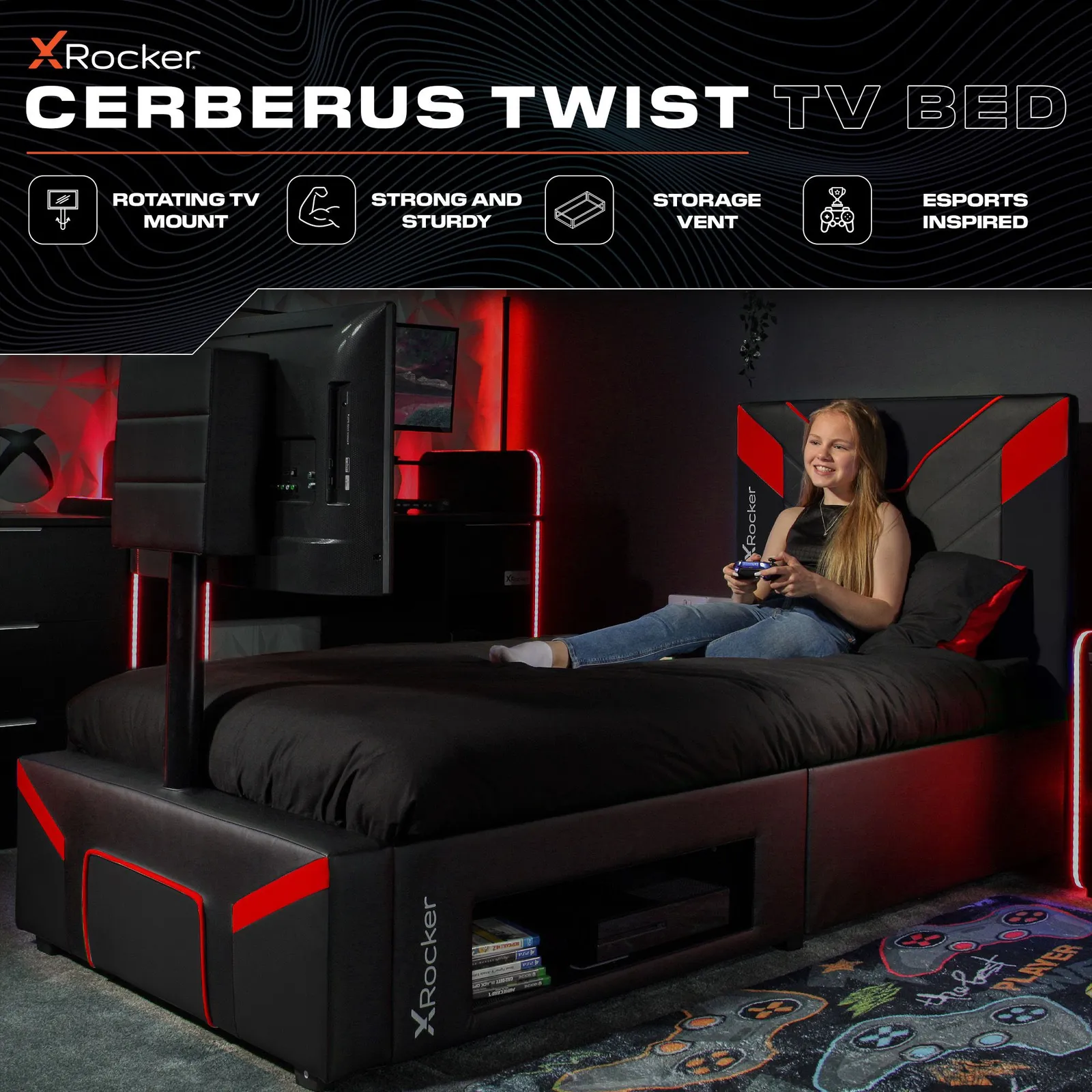 X Rocker Cerberus Twist TV Bed with Underbed Storage, Upholstered, up to 40" TV in Dark Red 2