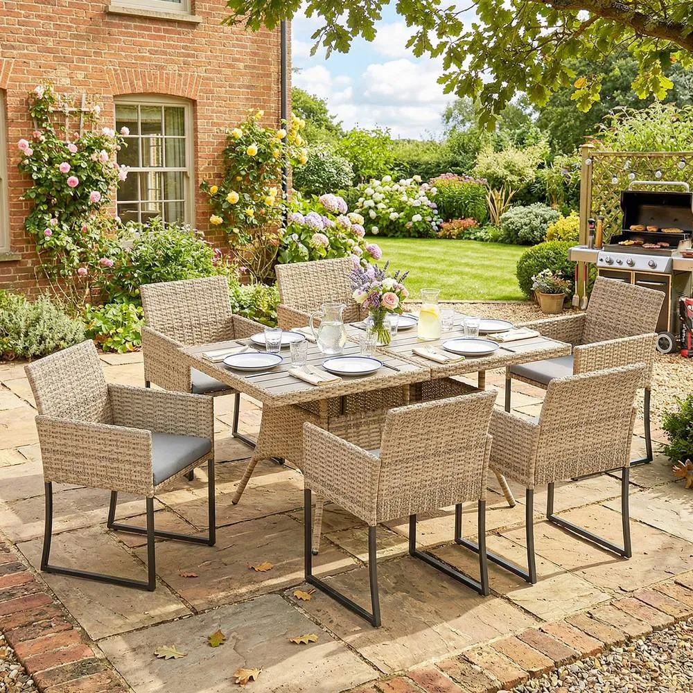 OUTSUNNY Rattan Garden Furniture Set, Rattan Table & Chairs with Cushions in Beige