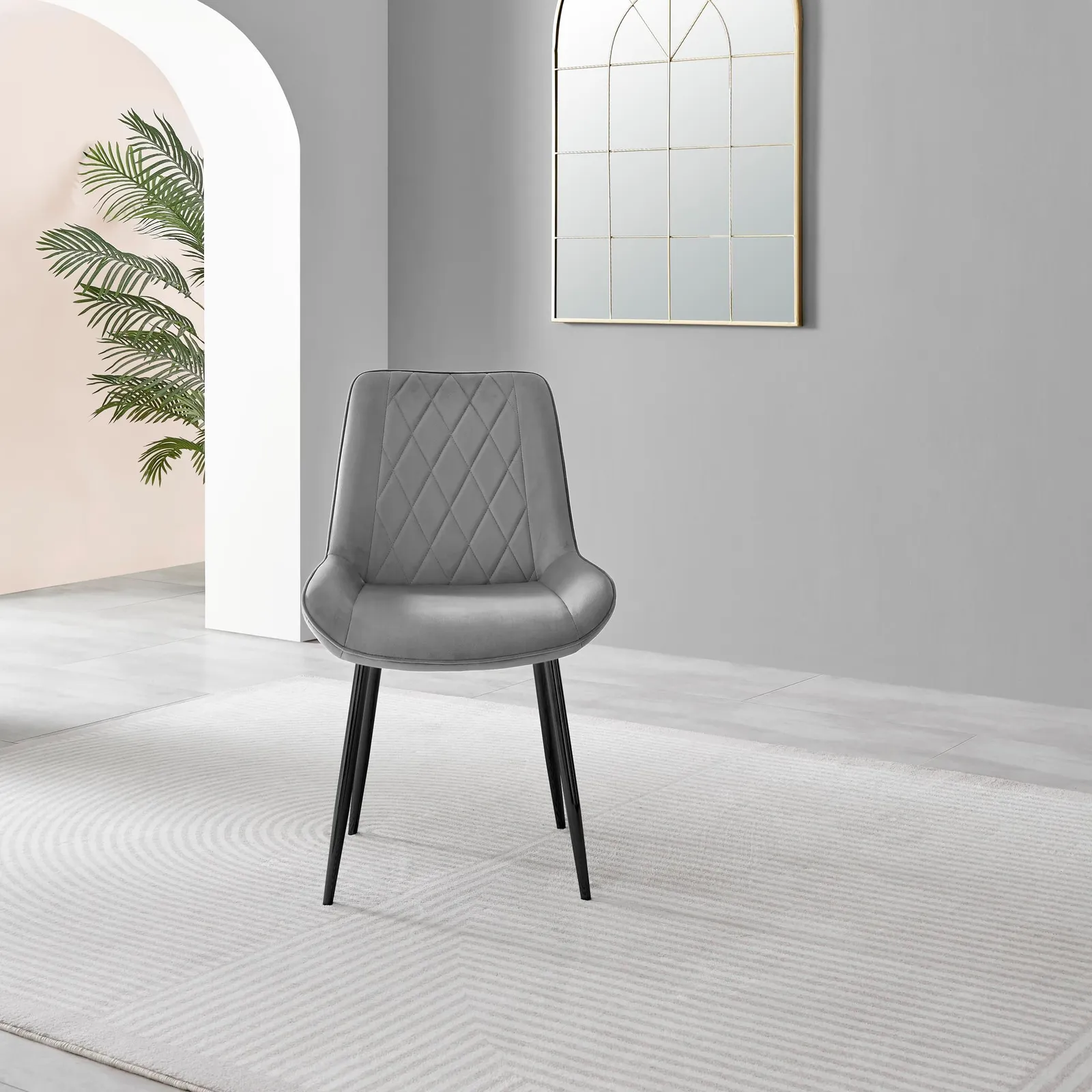 FurnitureboxUK Set of 2 Pesaro Luxury Velvet Dining Chairs With Diamond Stitched Back & Black Metal Legs in Grey 4