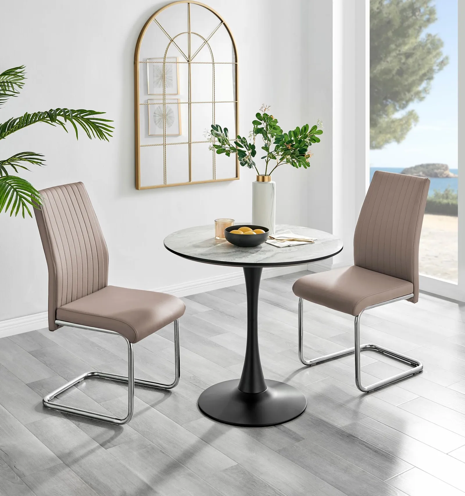 FurnitureboxUK Elina White Marble Effect Scratch Resistant Dining Table & 2 Lorenzo Faux Leather Chairs in Beige 1