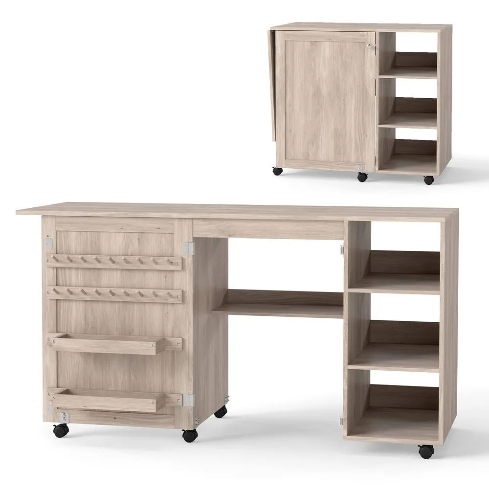 Costway Folding Sewing Table Rolling Sewing Machine Craft Station w/18 Pegs in Natural 4