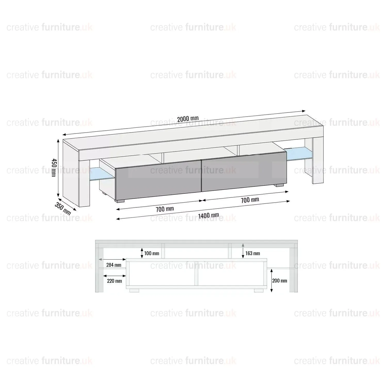 Creative Furniture TV Unit 200cm Modern - White with High Gloss Grey Doors 4