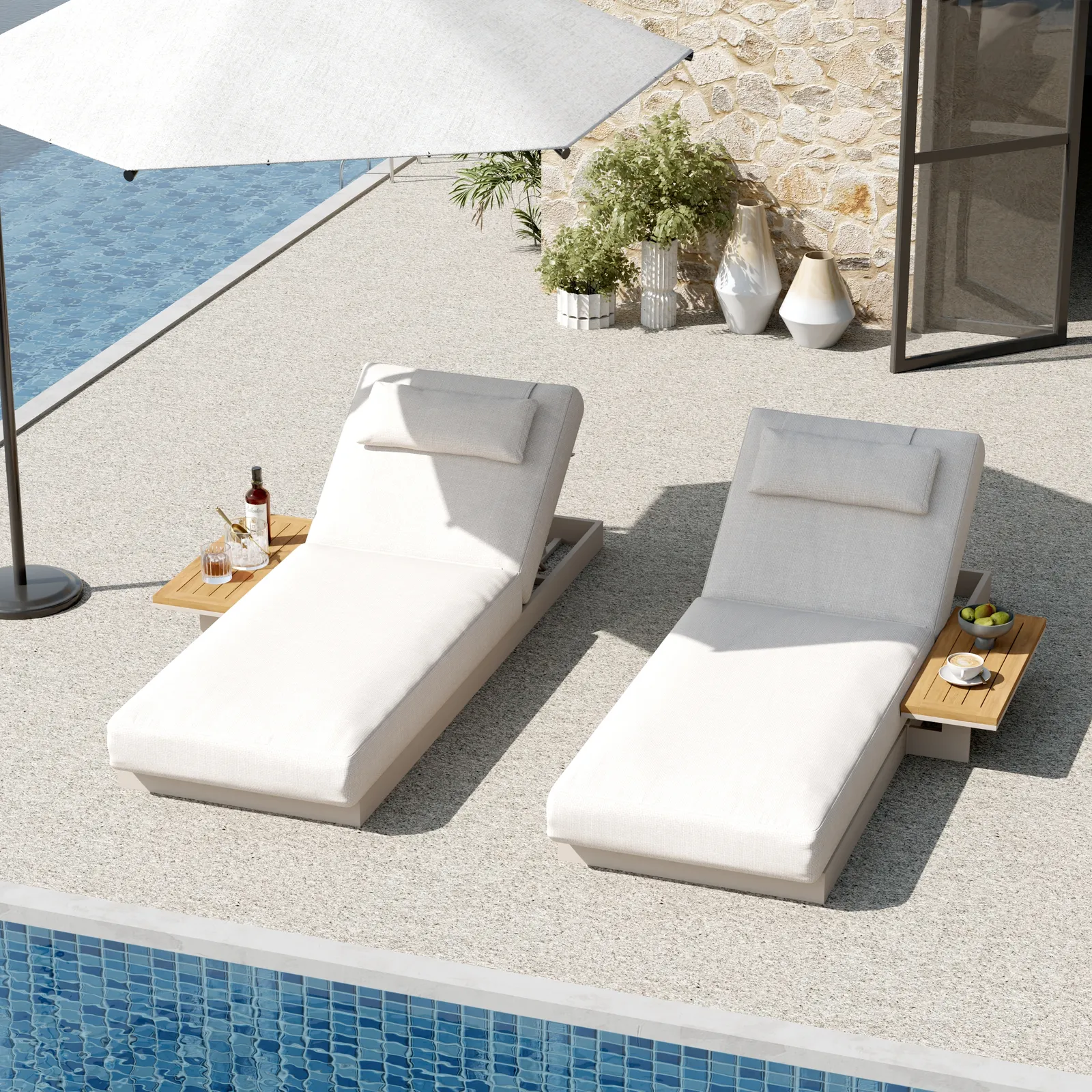 Wood & Aluminum Outdoor Lounger Daybed Modern Yard & Patio Furniture in Warm White Cushion & Pillow Included (78.7") Set of 2