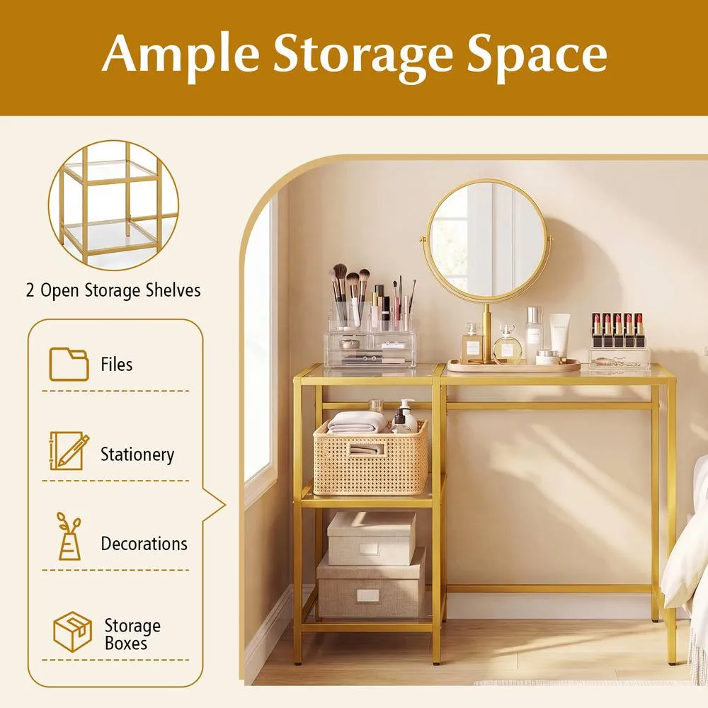Costway Tempered Glass Computer Desk Modern Office Desk with Storage Shelves in Gold 6