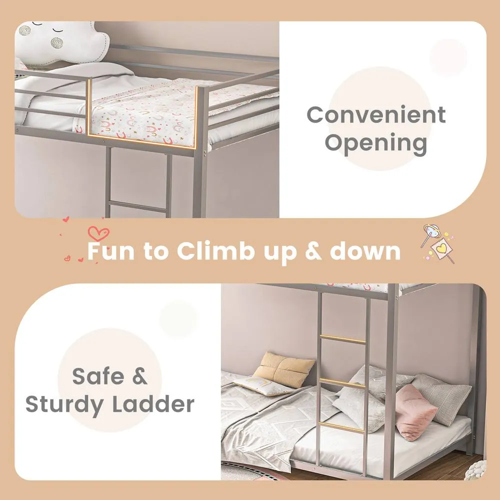 Costway Single Metal Bunk Bed Floor Bed Frame w/Ladder &Full-length Guardrails in Silver 4