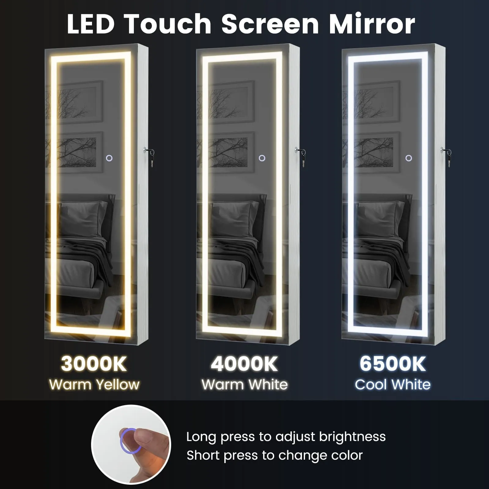 Costway 108cm Jewelry Mirror Cabinet Lockable Jewelry 3-Color LED Lights-White in White 2