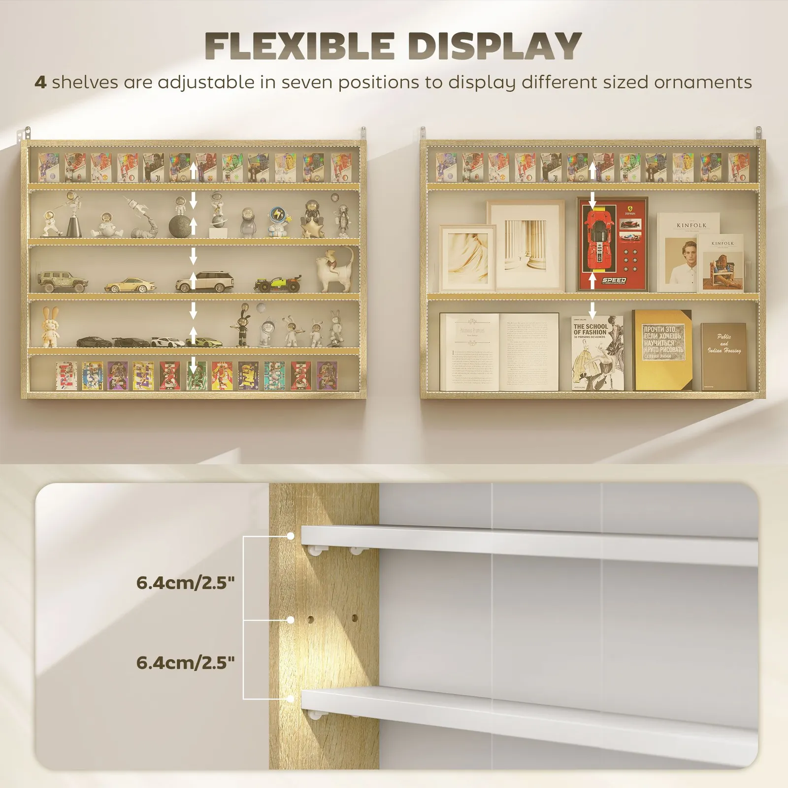 HOMCOM 5-Tier Wall Display Shelf Unit Cabinet w/ Shelves Glass Doors in Light Brown 4
