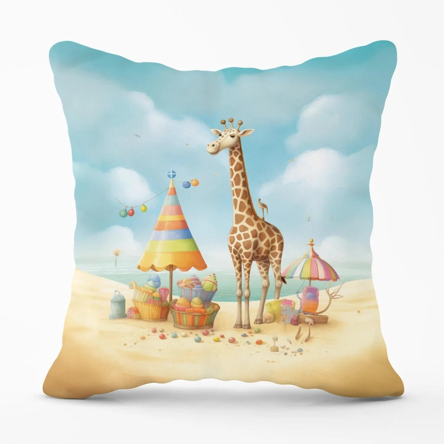 Warren Reed - Designer Giraffe On A Beach Holiday Outdoor Cushion in Yellow