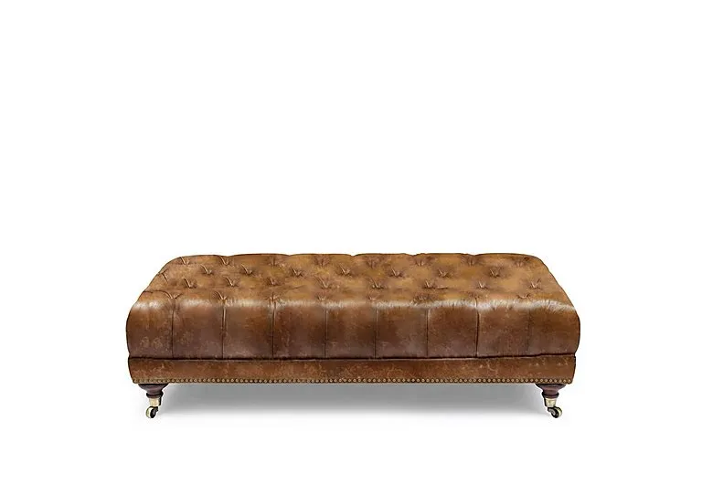 Wallace Leather Rectangular Footstool with Castors - Saddle - Living Room Furniture - In Time for Christmas