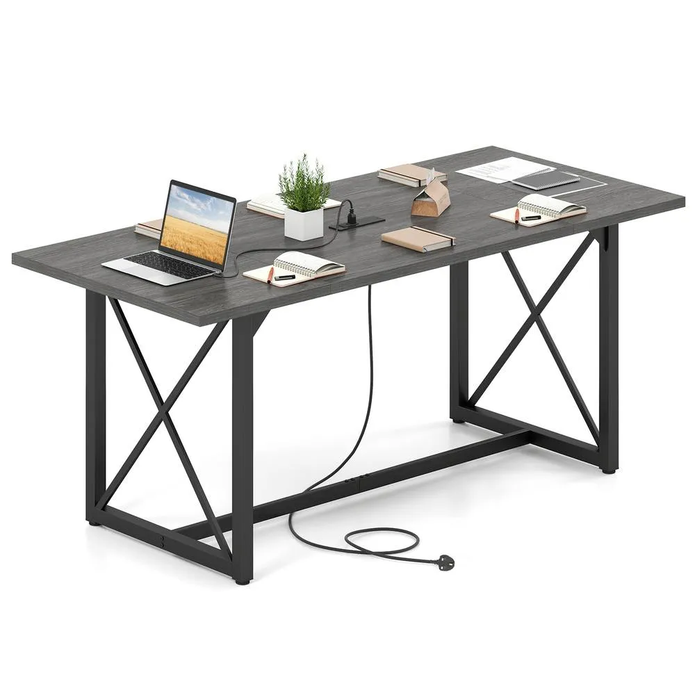 Costway Conference Table with Power Outlets Large Meeting Room Table in Grey
