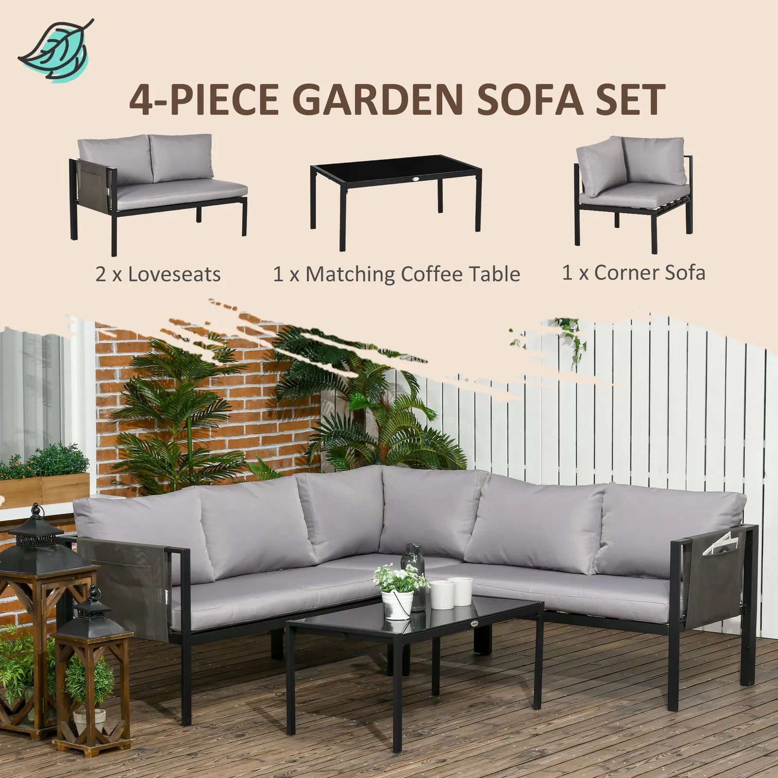 OUTSUNNY 4 Piece Garden Furniture Set w/ Breathable Mesh Pocket in Light Grey 4