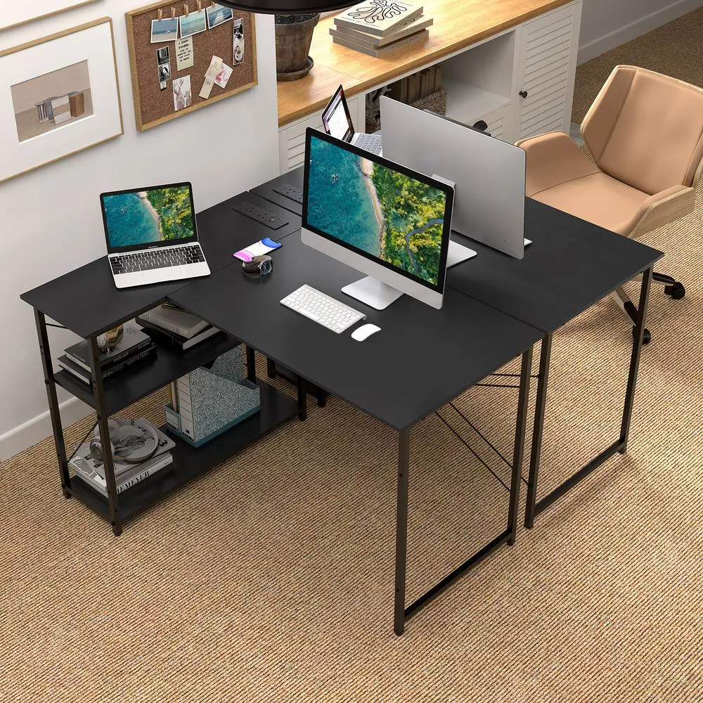 Costway L-shaped Computer Desk w/Power Outlet Workstation w/Reversible Shelves in Black 5