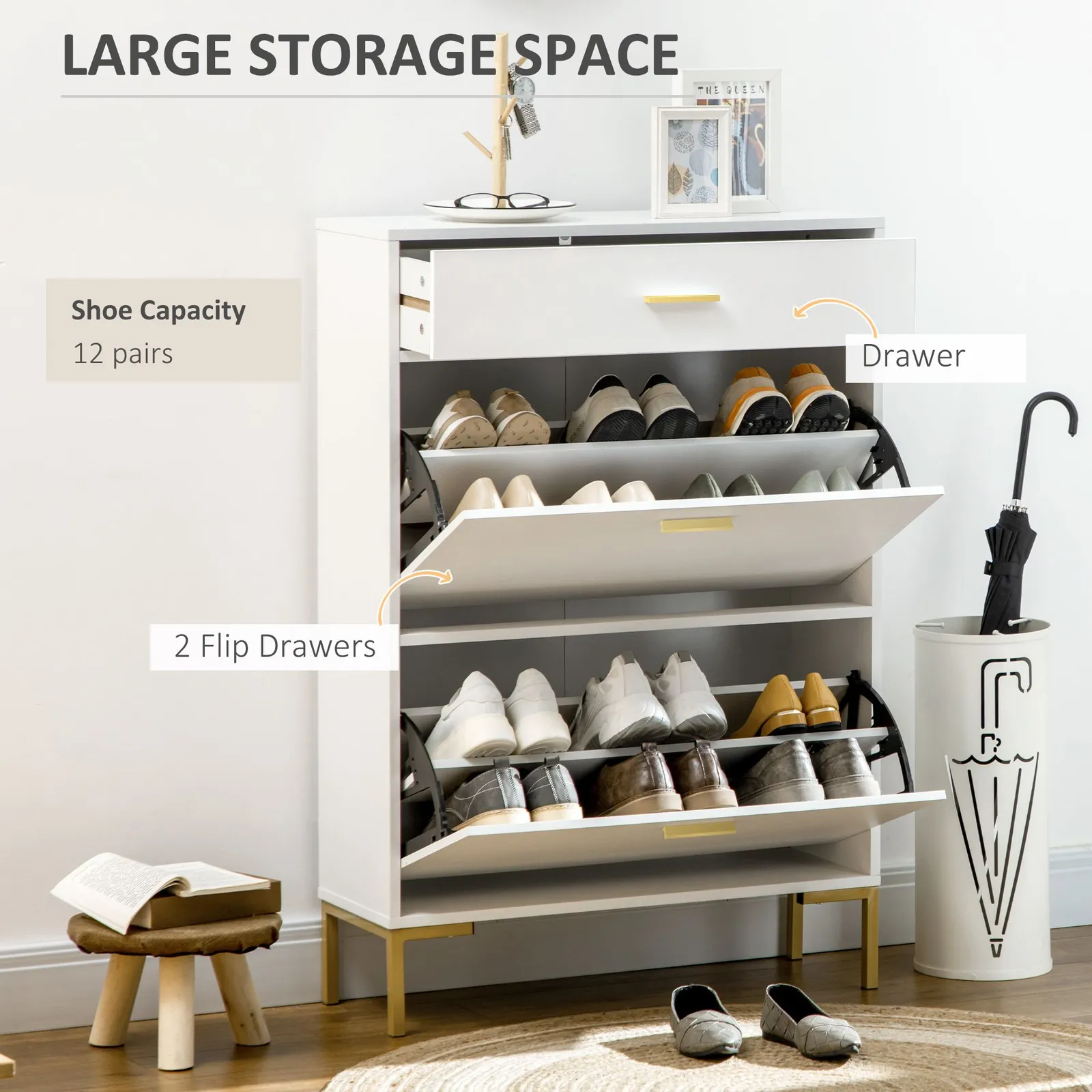 HOMCOM Shoe Cupboard for Hallway with Flip Drawers 12 Pair Shoe Storage in White 4