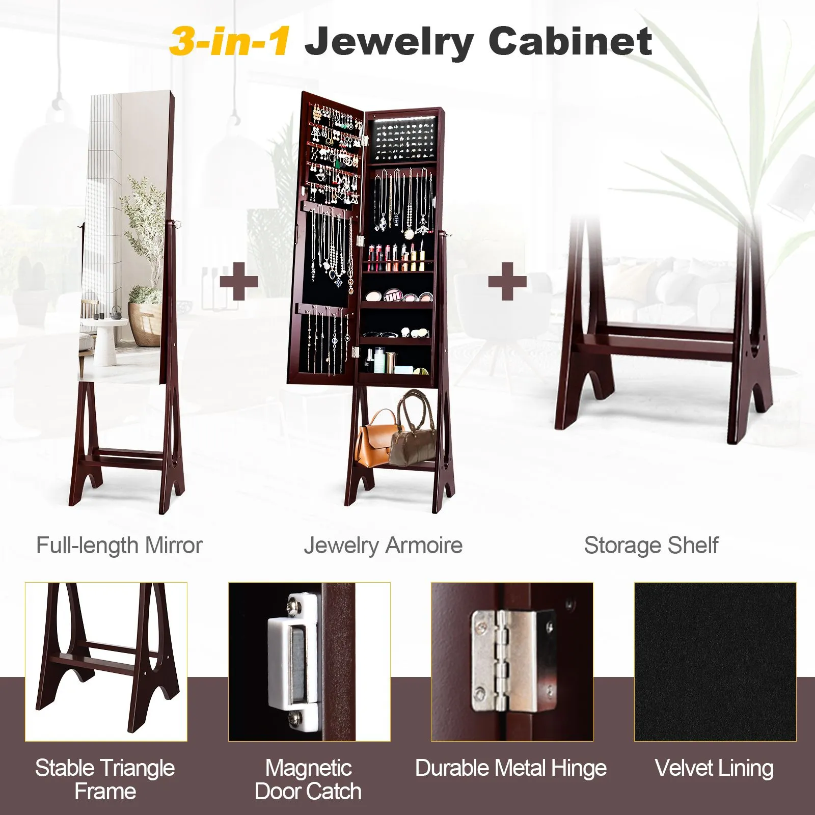 Costway Freestanding Mirror Jewelry Cabinet Organizer W/ Full Length Mirror Built-in LED in Brown 5