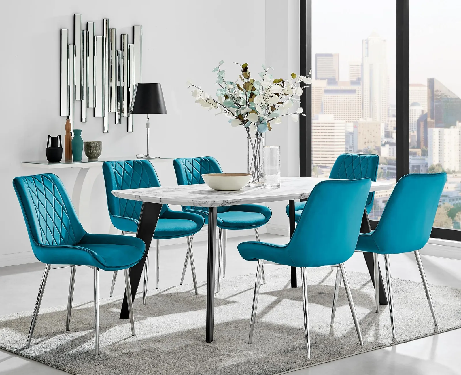 FurnitureboxUK Andria Marble Effect Dining Table With Black Legs & 6 Pesaro Velvet Silver Leg Chairs in Blue 1