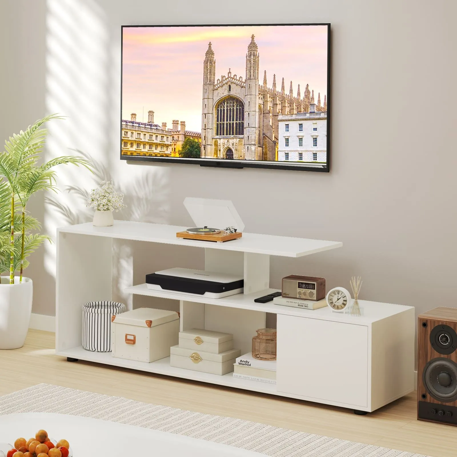 Costway TV Stand for TVs up to 55" 3-Tier Media Console Table w/Storage-White in White 3