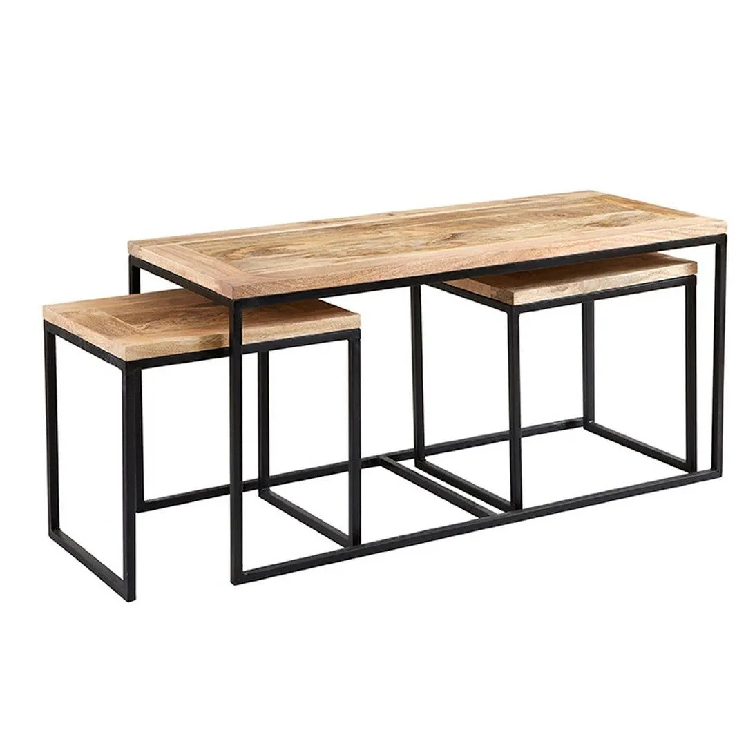 Indian Hub Cosmo John Long Coffee Table Set - Solid Mango Wood - L50xW120xH55 cm in Brown