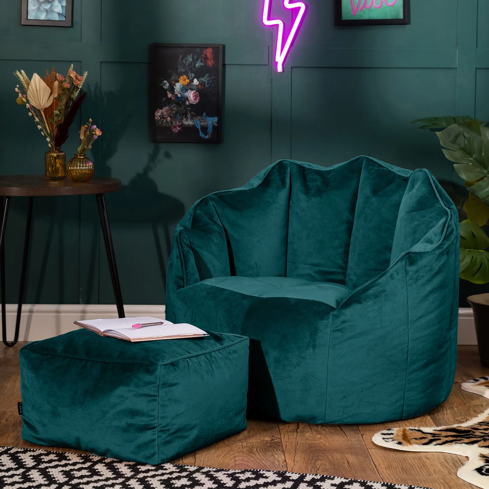 icon Sirena Scallop Chair Bean Bag & Footstool Pink Velvet Bean Bags in Teal