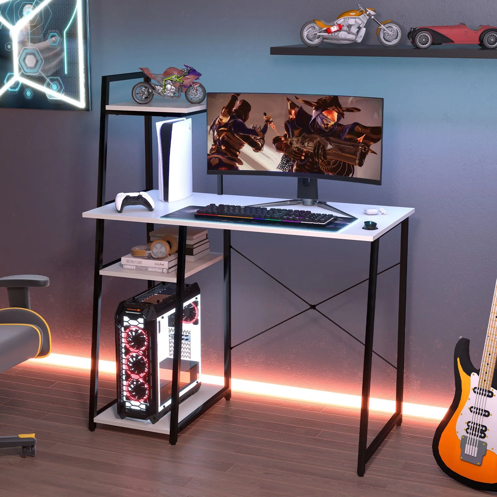 Costway Home Office Desk Computer Desk PC Laptop Table w/ Bookshelf & Host Stand in White 5