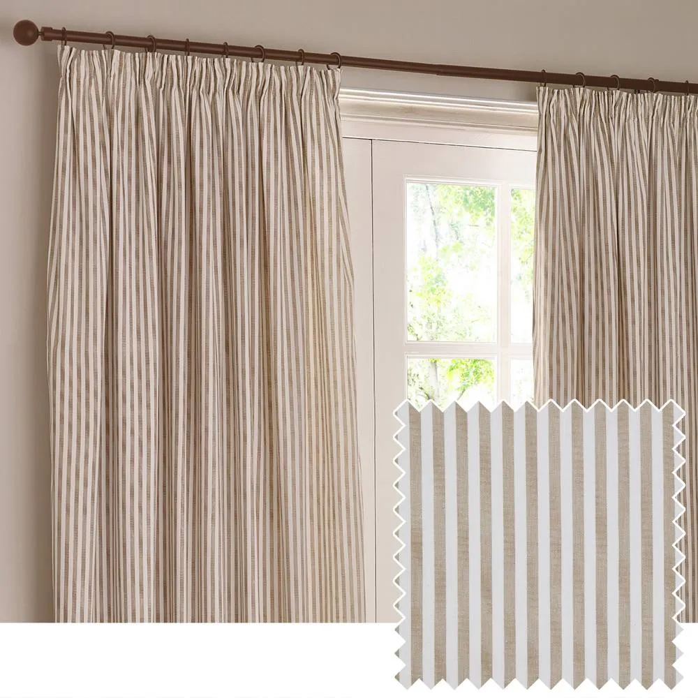 Yard Hebden Striped 100% Cotton Lined Pencil Pleat Curtain Pair in Natural 1