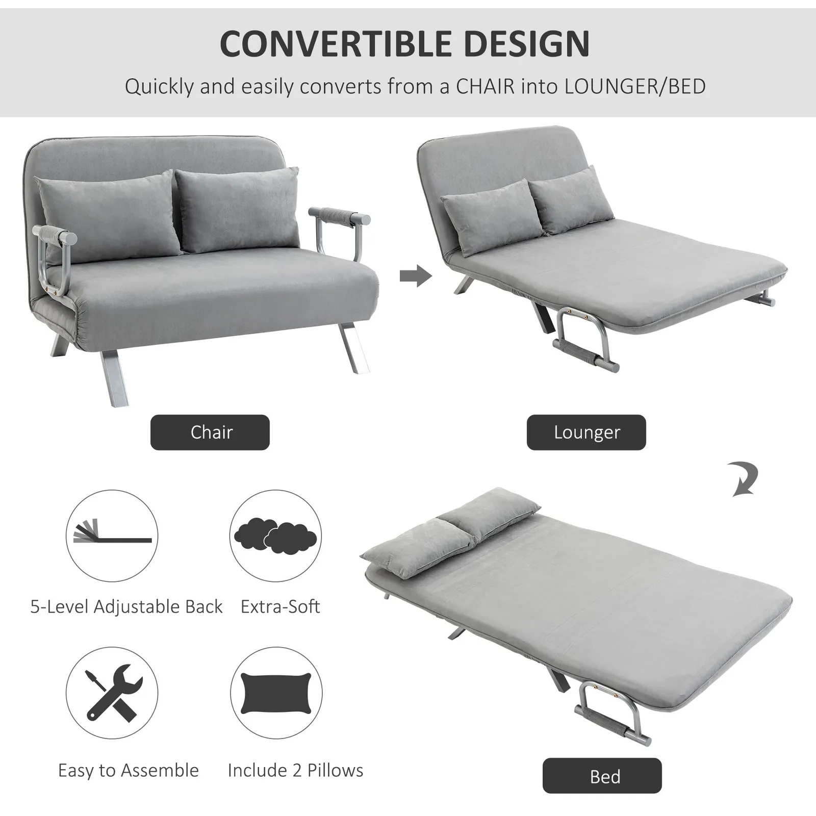 HOMCOM Fabric Sofa, Convertible 2 Seater Sofa Bed w/ Pillows, Light Grey 4