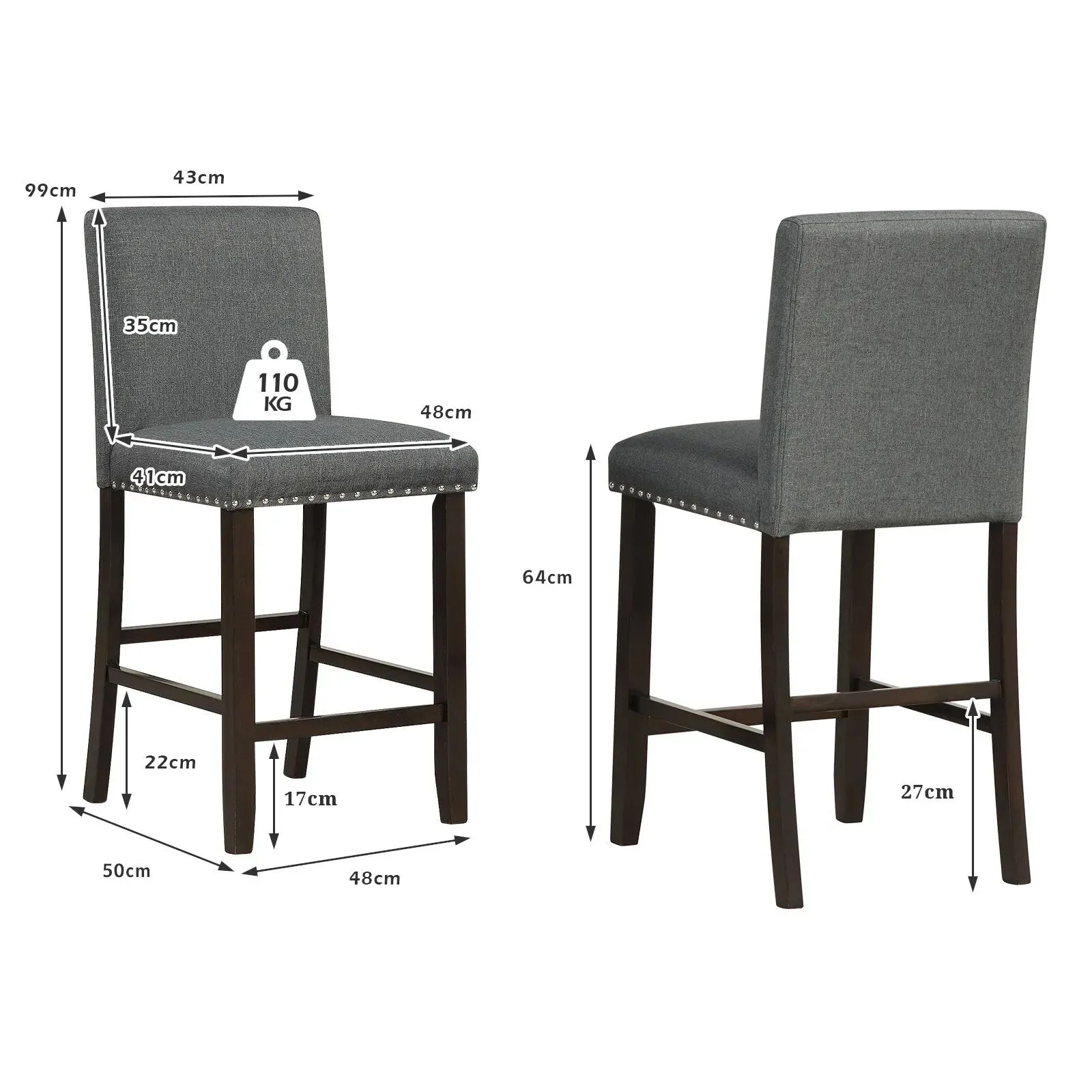 Costway Set of 2 Bar Stools Upholstered Bar Chairs Pub Stool Chair Kitchen Dining Chair in Grey 2