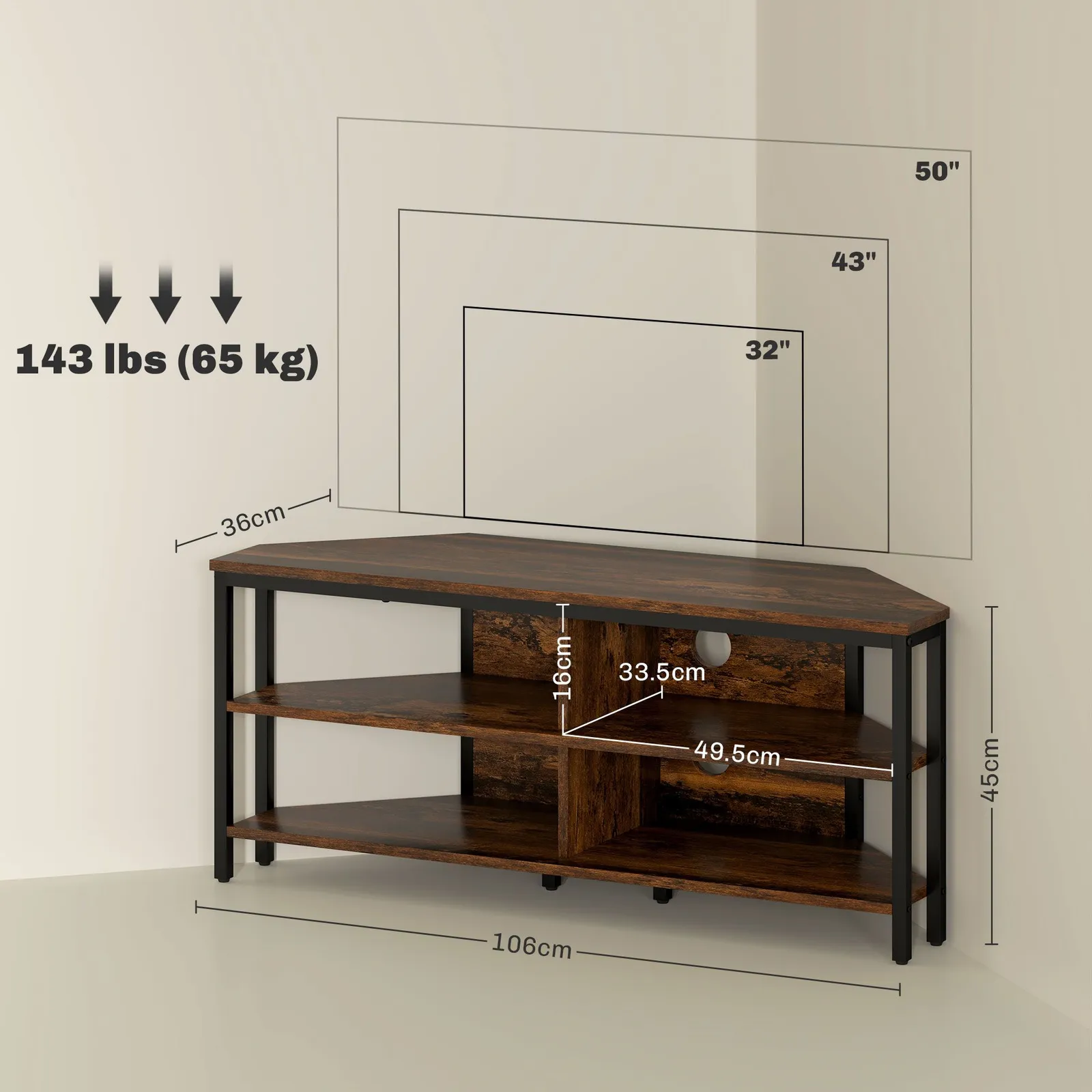 HOMCOM 50" TV Stand Cabinet, TV Unit with Storage Shelves, Rustic Brown 3
