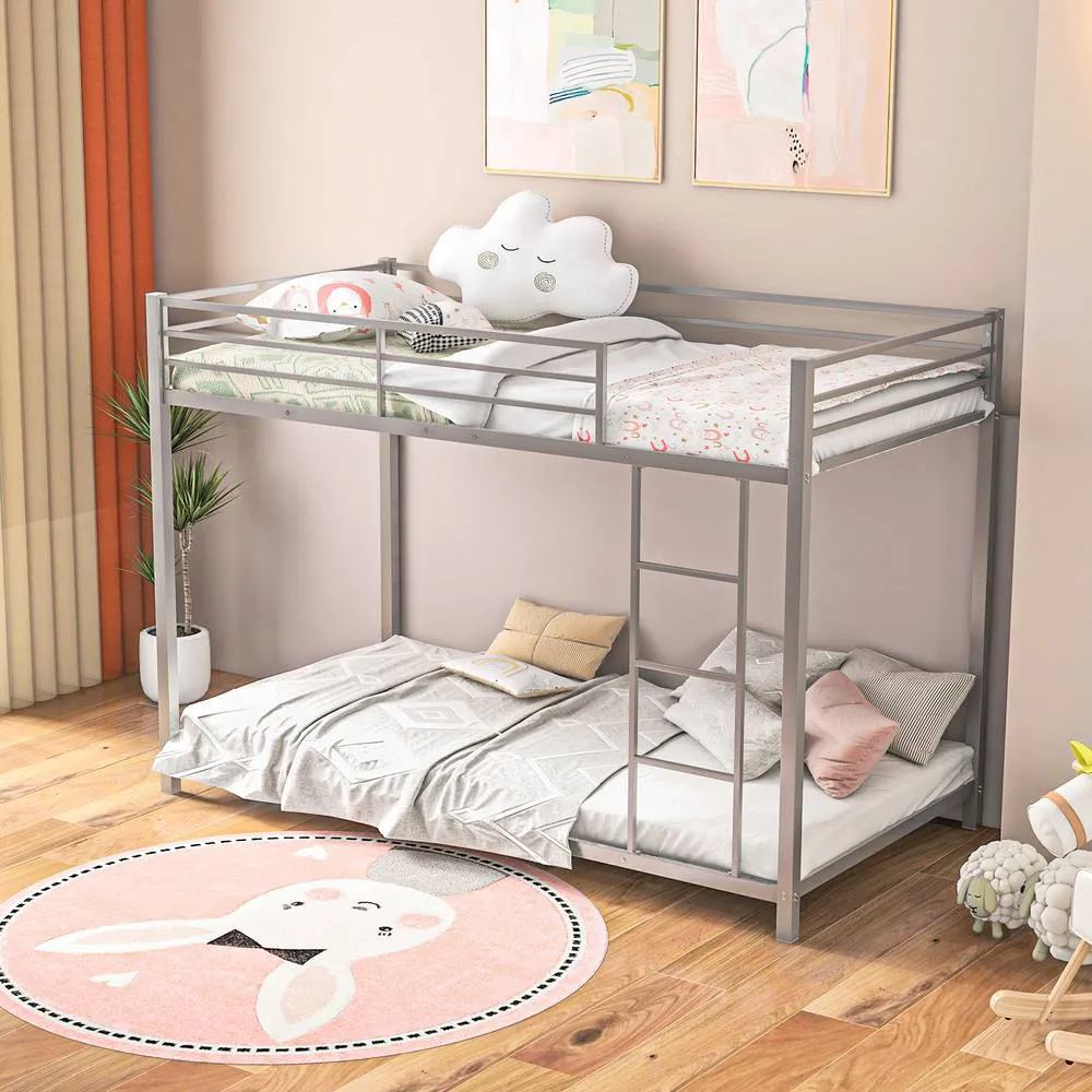 Costway Single Metal Bunk Bed Floor Bed Frame w/Ladder &Full-length Guardrails in Silver