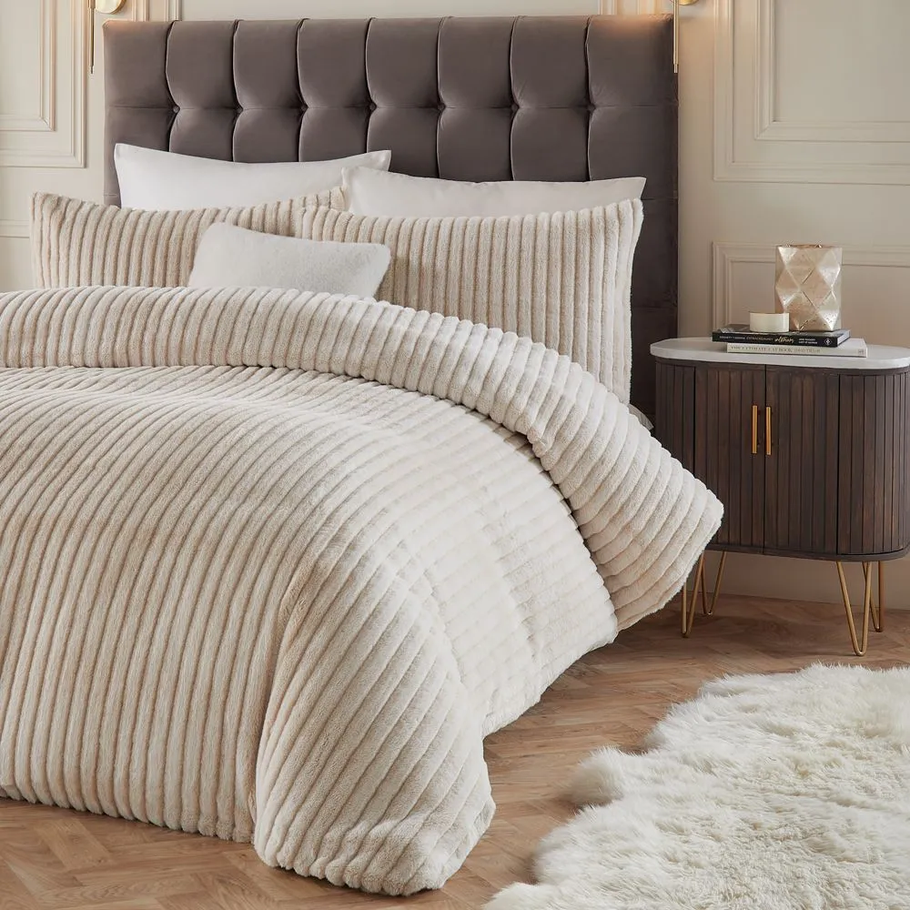 Paoletti Alpine Striped Faux Fur Duvet Cover Set in Light Beige 3