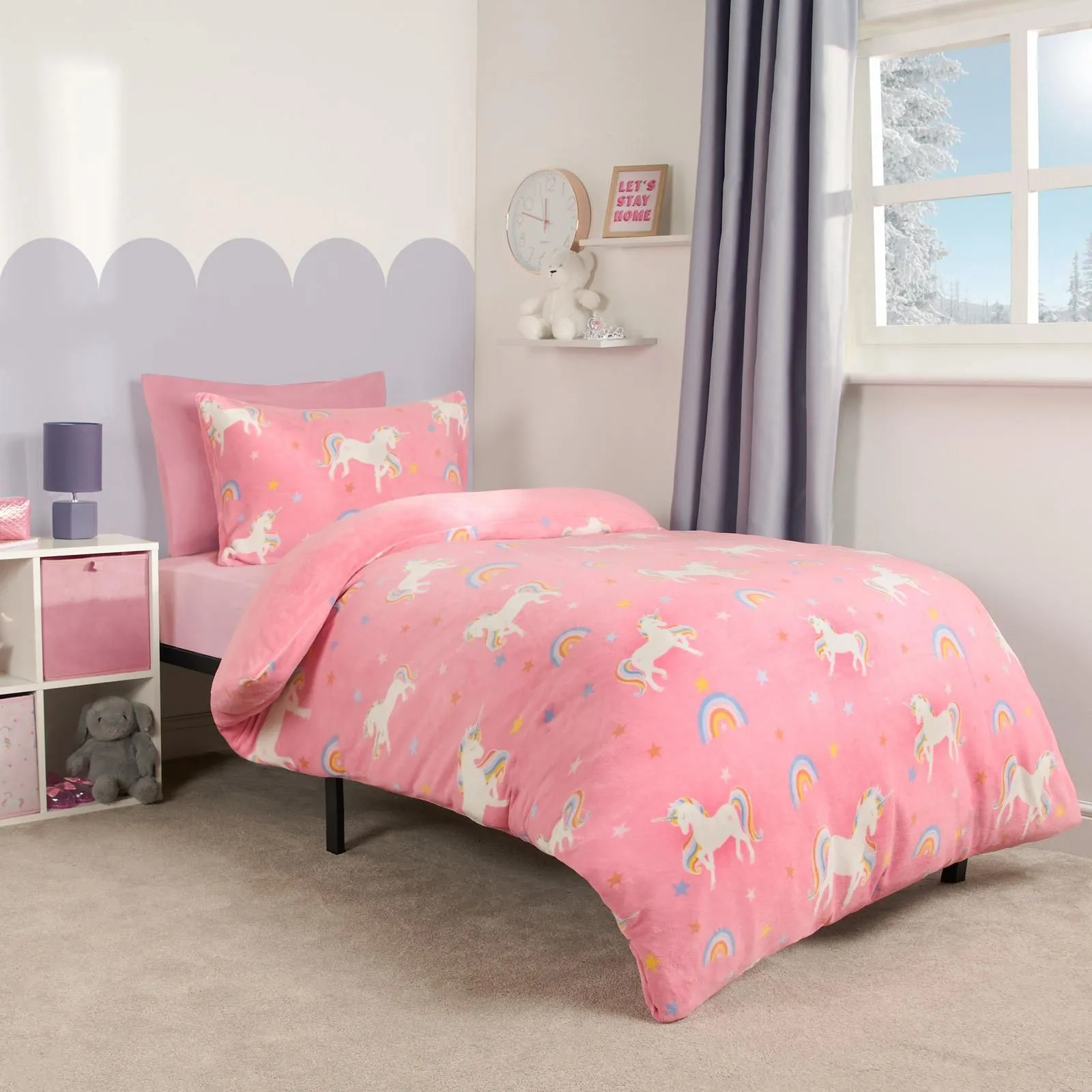 OHS Unicorn Bedding Duvet Cover Set Plush Fleece Warm Quilt in Pink