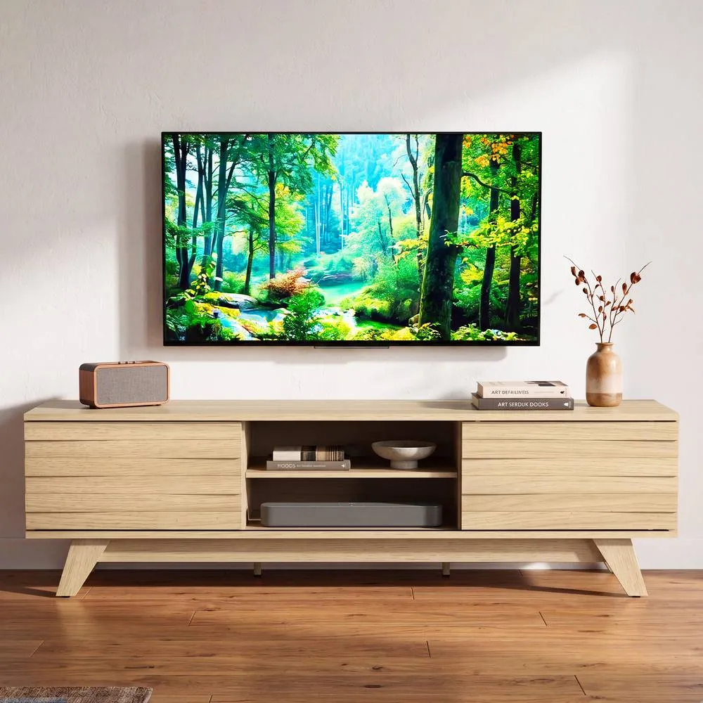 Costway TV Stand for TVs up to 55" with 2 Sliding Doors in Khaki 2