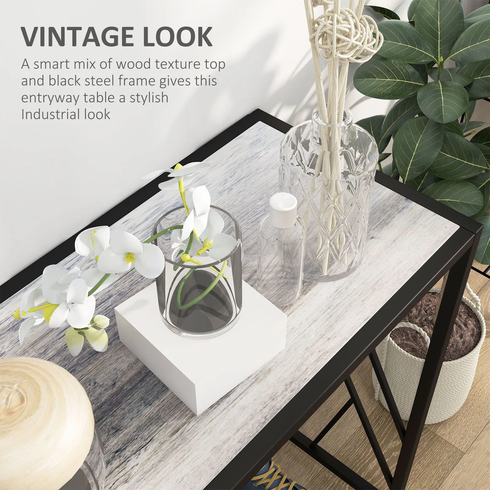 HOMCOM Industrial Console Table Couch Tables with Metal Frame in Grey 6