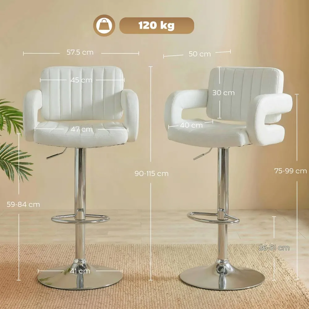HOMCOM Bar Stools Adjustable Swivel with Armrest Set of 2 White 3