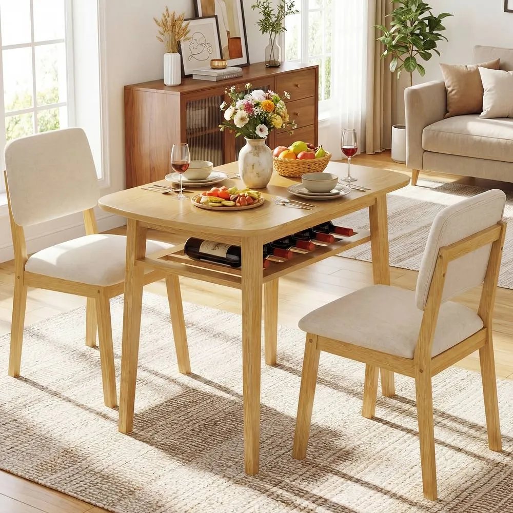 Costway 3-Piece Dining Table Set Solid Wood Kitchen Table with Storage Rack in Khaki 4
