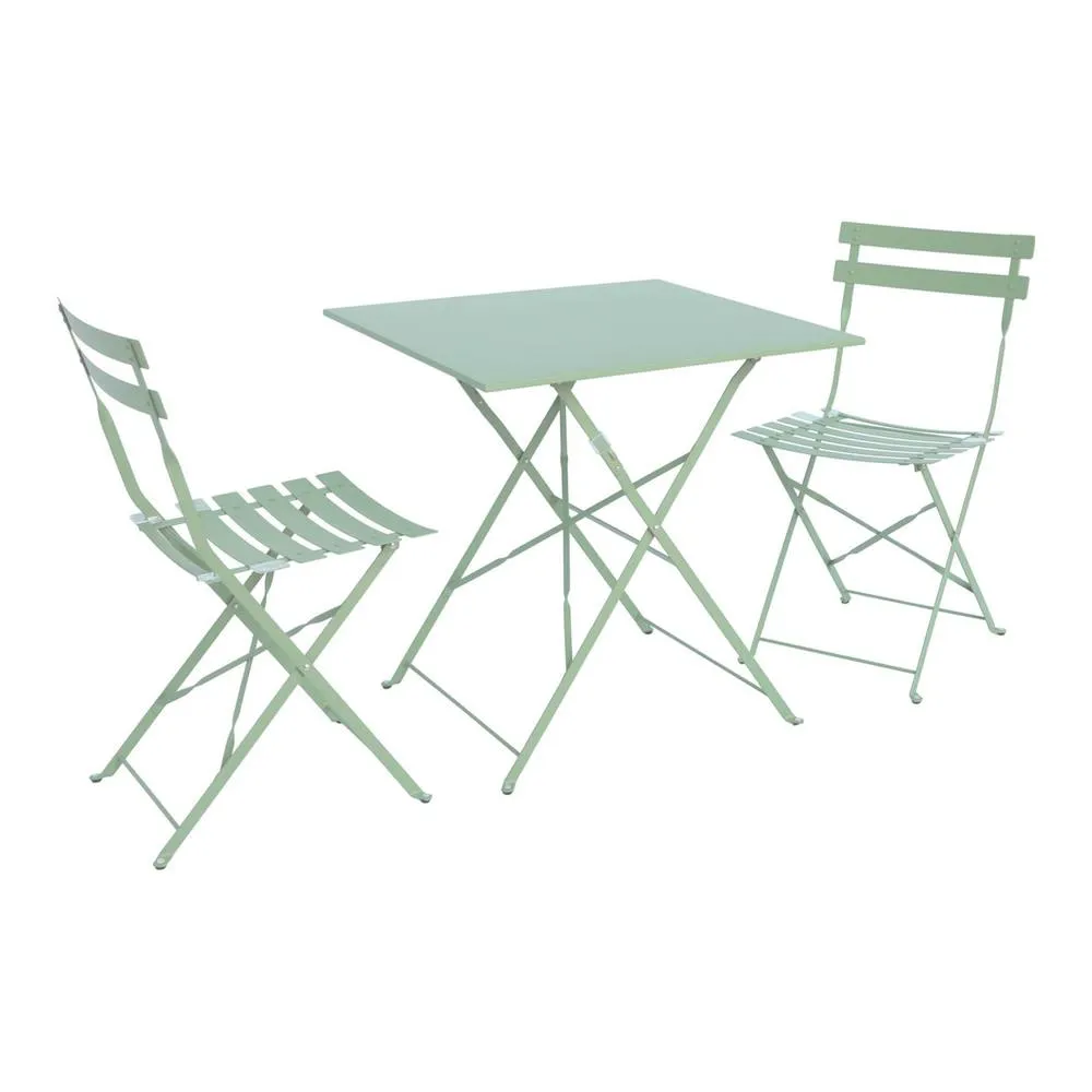 sweeek Square 2-seater folding metal bistro garden table with 2 chairs in Light Green 2