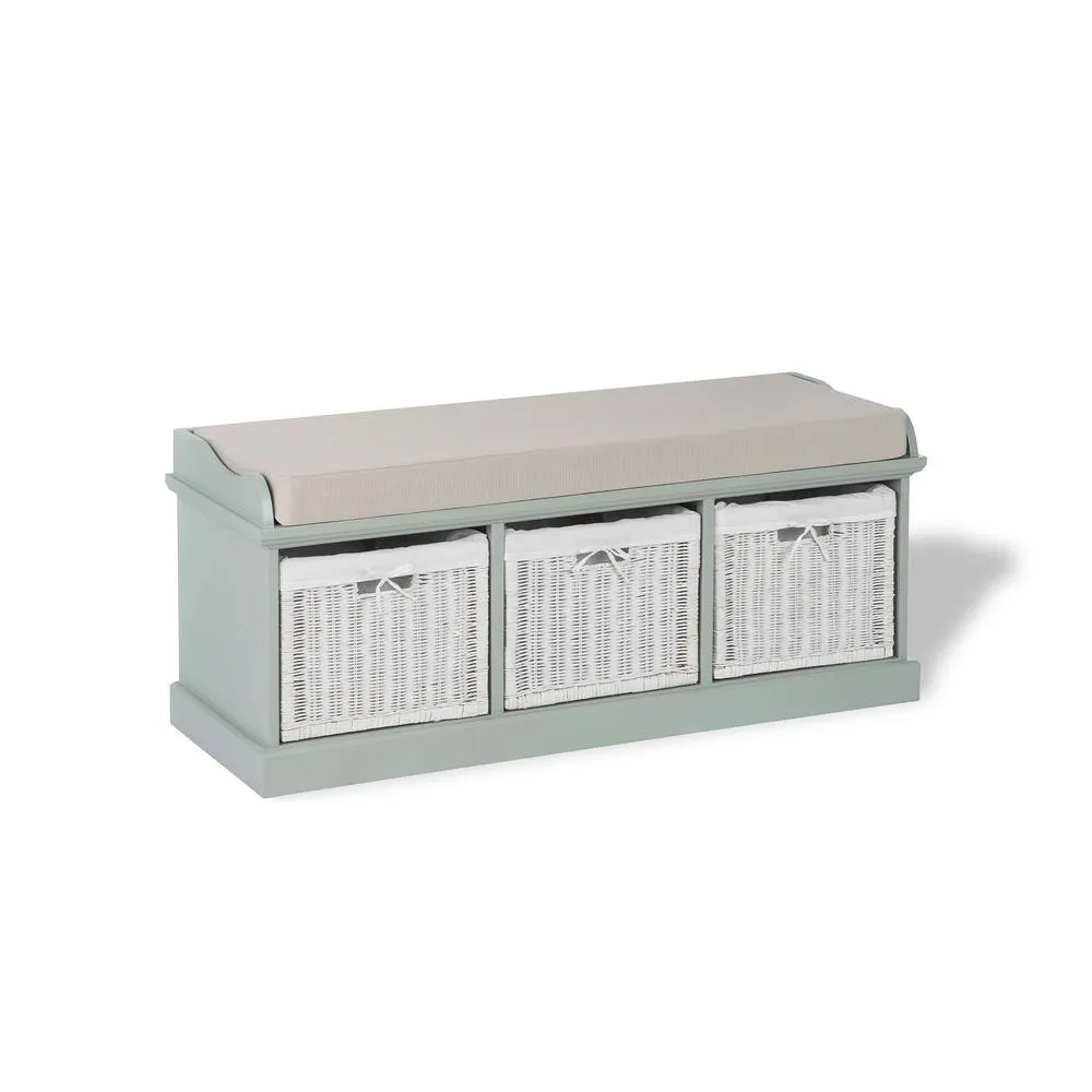 Statement Furniture Tetbury Bench with 3 White Wicker Baskets & Cream Cushion in Light Green 5