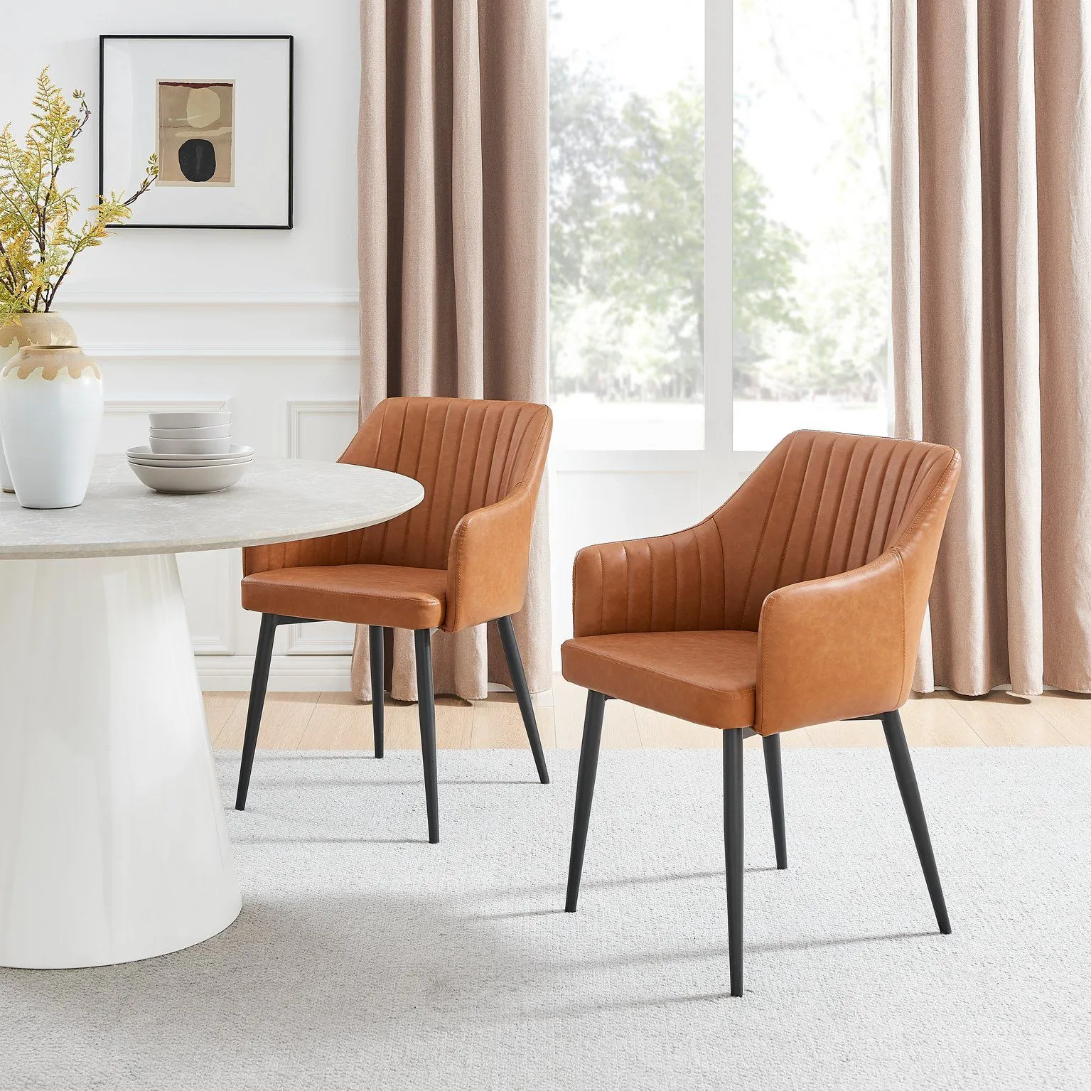 FurnitureboxUK Set of 2 Calla Faux Leather Dining Chairs With Black Metal Legs in Tan 2