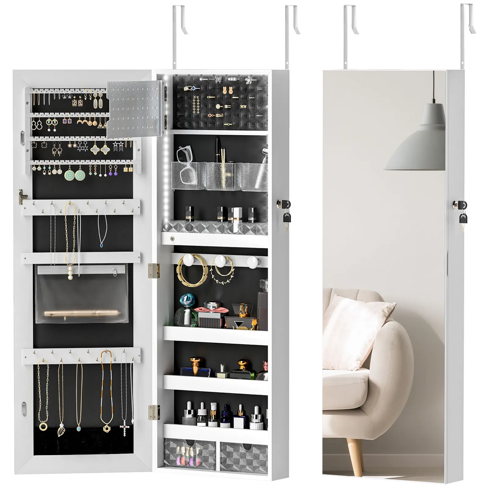 HOMCOM Door Hanging or Wall Mounted Jewellery Cabinet w/ Mirror in White 2