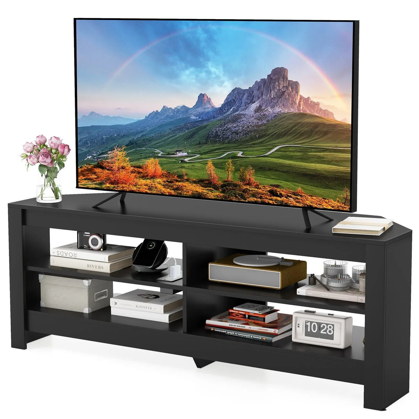 Costway Corner TV Stand with Power Outlet 3-Tier Entertainment Center for 60" TV in Black 4