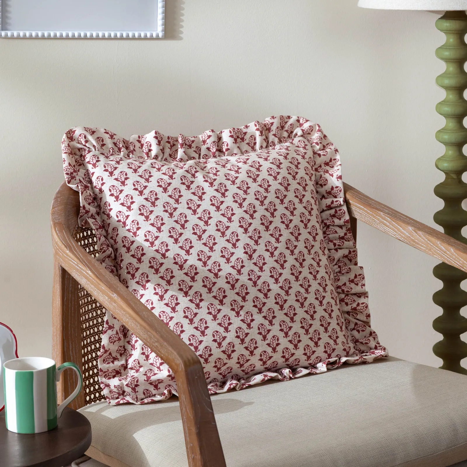Furn Lulah Block Printed Ruffle Cushion in Red