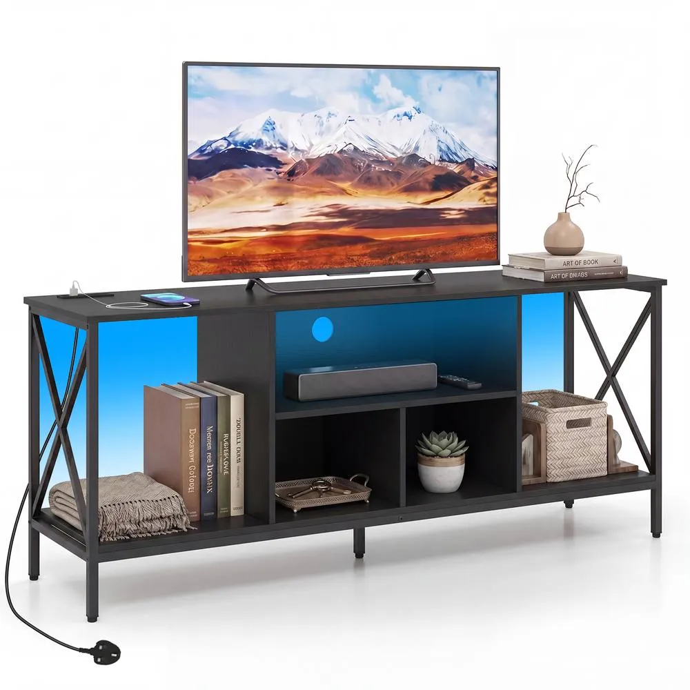 Costway TV Stand LED Lights for 65 Inch TV Power Outlets in Black 5