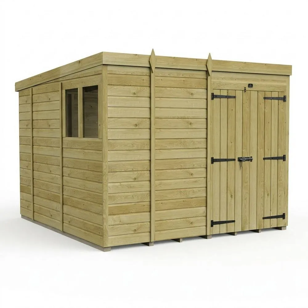 Buttercup Farm 9ft x 10ft Pent Garden Shed Double Door With Windows - Timber in Brown