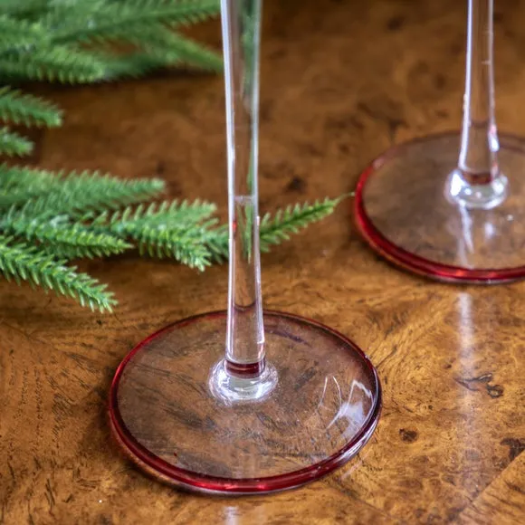 Set of 2 Red Rim icicle Glass Candle Stick Holders 3