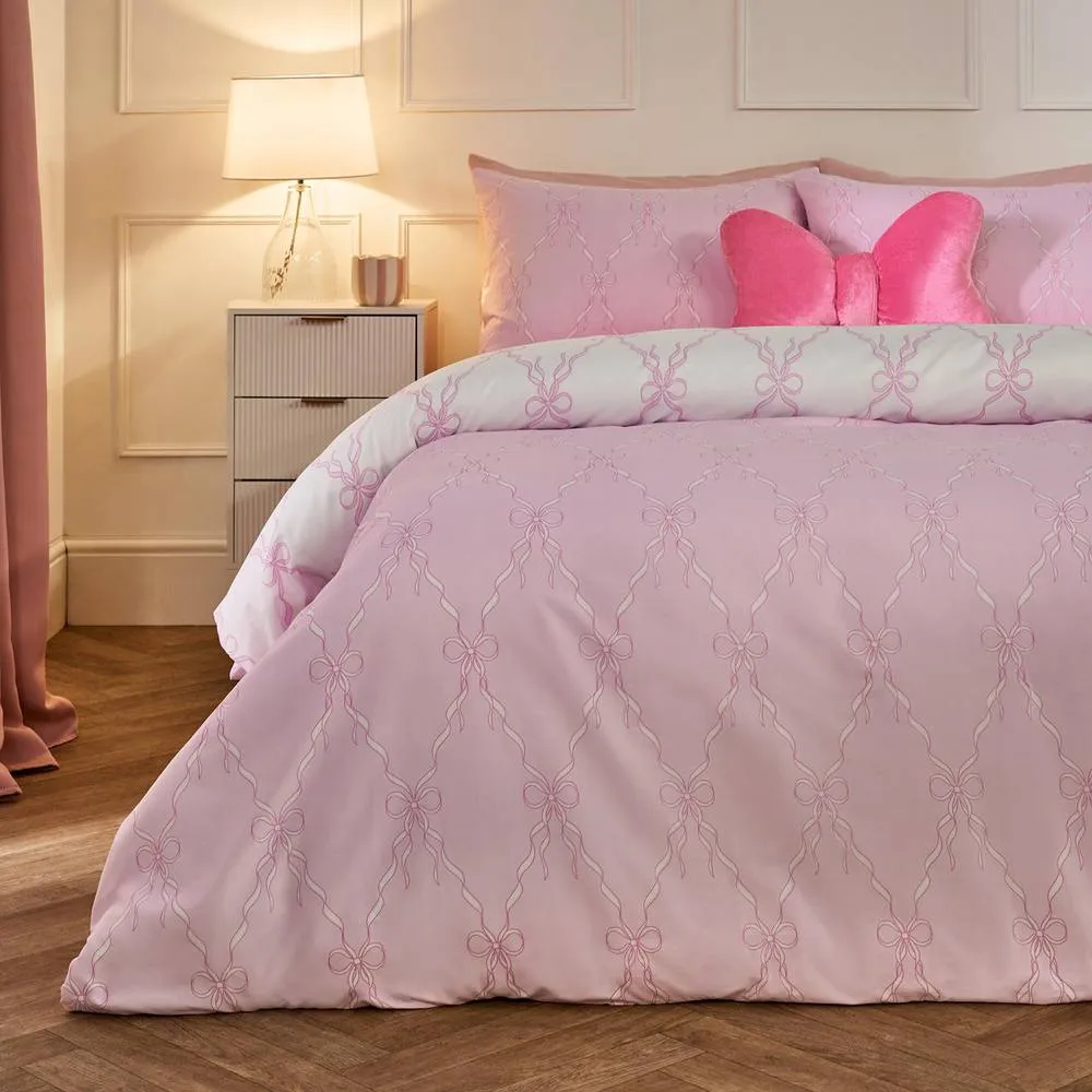 OHS Bow Lattice Microfibre Reversible Duvet Cover Set with Pillowcase in Pink